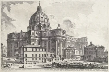Sint-Pietersbasiliek vanaf 聖具広場 バチカンの偉大なサン ピエトロ大聖堂の外観 (オブジェクトのタイトル) Gezichten op Rome (シリーズタイトル) Giambattista Piranesi の建築家 Ve(nez)iano (時代) によって描かれ彫刻されたローマの景色