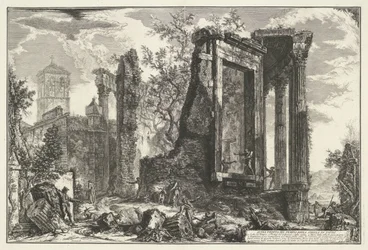 Tempel van Vesta en de Tempel van de Tiburtijnse Sibille in Tivoli チボリのシビラ神殿の別のビュー (オブジェクトのタイトル) Gezichten op Rome (シリーズタイトル) Giambattista Piranesi の建築家 Ve(nez)iano (時代) によって描かれ彫刻されたローマの景色