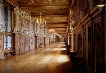 ルネッサンス建築：1523年にロッソ・フィオレンティーノ（1495-1540）がプリマティッチョ（1504-1570）の協力を得て作ったフォンテーヌブロー城のフランソワ1世の回廊の様子。セーヌ川とマルヌ川