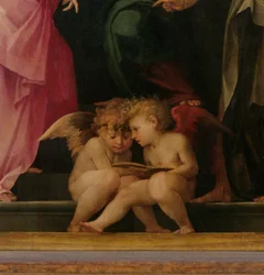 2つのケルビムの読書、聖母と聖母子の詳細、50330の1518パネルの詳細