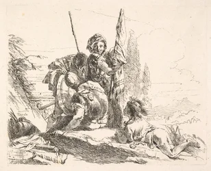 3人の兵士と風景の中で彼の腹部に横たわっている若者、兵士は...、ca。 1740-42。