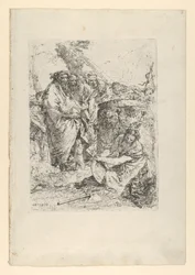 魔術師や他の人物の前でひざまずく女性、カリフォルニア州スケルツィから。 1743-50。