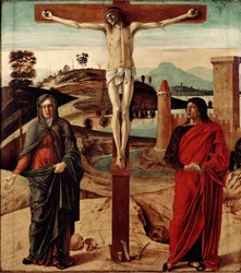 カルヴァリーまたは磔刑。ジョヴァンニ・ベッリーニ（ジャンベッリーノ）（1432-1516）による絵画。寸法：71x63cm。フィレンツェ、Coll.コンティーニ・ボナコッシ