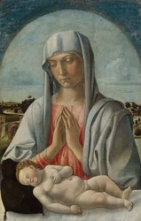眠っている子供を崇拝するマドンナ、c.1460（木のテンペラ）