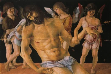 天使に支えられた死せるキリスト（ピエタ）」1474年頃（パネルにテンペラ