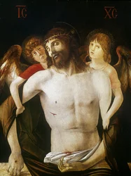 天使に支えられた死のキリスト、1465-1470