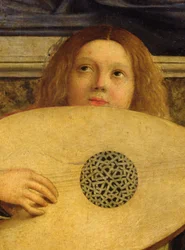 サン・ジョッベ祭壇画 音楽を奏でる天使の細部 1487年頃（パネルに油彩）（55433の細部