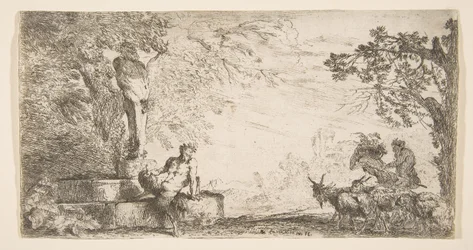 プリアポスの像のふもとに横たわるサテュロス、右側のヤギ、およそ。 1645-48。