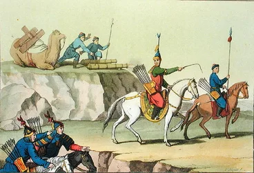 1820〜30年代に出版されたジュリオ・フェラリオ著「Le Costume Ancien et Moderne」の挿絵「前進する兵士の群れ」（カラーリトグラフ）