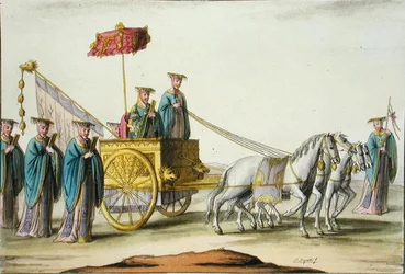 馬車に乗った古代王朝の皇帝（ジュール・フェラリオ著「Le Costume Ancien et Moderne」より13版、1820年代〜30年代に出版されたカラーリトグラフ版）