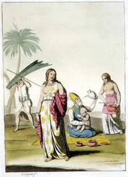 インドの家族（1820年代〜30年代に出版されたジュール・フェラリオ著「Le Costume Ancien et Moderne」より）（カラーリトグラフ