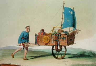 ジュール・フェラリオ著「Le Costume Ancien et Moderne」より「荷車を持った巡回農夫」（1820年代～30年代に出版されたカラーリトグラフ版）
