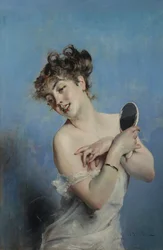 肌着姿の若い女性、身支度、1880年頃