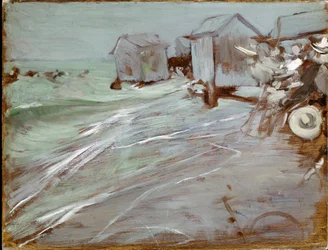 オステンド・ビーチ ジョヴァンニ・ボルディーニ（1842-1931）の絵画 薄さ27x35 cm ボローニャ、個人蔵
