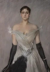 Retrato de uma senhora de branco com luvas e leque, detalhe