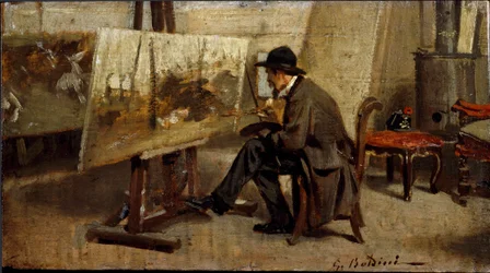 画家ジョヴァンニ・ファットーリの工房にて ジョヴァンニ・ボルディーニ（1842-1931）の作品とされる絵画 1863-1869年 日。13x24 cm ミラノ個人蔵