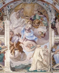 イタリア、ロンバルディア州、パヴィア、パヴィア チャーターハウス (チェルトーザ)、イエスとマリアの物語、フレスコ画の詳細