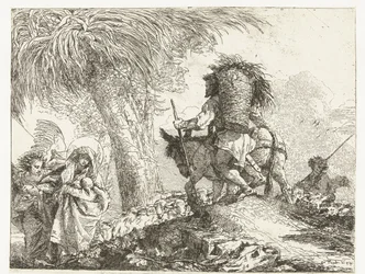 天使とヨセフに支えられたマリアと子供がロバを導き、羊と一緒に羊飼いの前を通り過ぎる エジプトへの逃避（シリーズタイトル） Egitto のアイデア絵のように美しいソプラ ラ フガ (シリーズ タイトル)