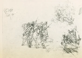 兵士のグループを描いた3つのスケッチ（黒鉛筆