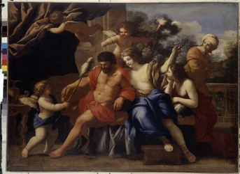 ヘラクレスとオンファレ（ヘラクレスとオンファレ）。 ジョヴァンニ フランチェスコ ロマネッリ (1610-1662) による絵画、キャンバスに油彩、1650 年頃。 イタリア美術