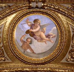 正義の愛。ジョヴァンニ・ロマネリ（1601-1662）が描いた絵画で、オーストリア王妃アンネ（1601-1666）の夏の居室の寝室であるアントナイン・ホールの天井を飾っています。1655-1658年頃。パリ、ルーヴル美術館