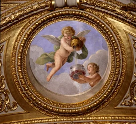 コンチネンタルの愛。ジョヴァンニ・ロマネリ（1601-1662）が描いた絵画で、オーストリア王妃アンネ（1601-1666）の夏の居室の寝室であるアントナイン・ホールの天井を飾っています。1655-1658年頃。パリ、ルーヴル美術館