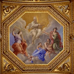 宗教と神学的美徳（Faith、Charity、Esperance）。ジョヴァンニ・ロマネリ（1601-1662）による絵画で、オーストリア王妃アンネ（1601-1666）の夏の居室の寝室であるアントナイン・ホールの天井を飾っています。1655年から1658年頃。パリ、ルーヴル美術館