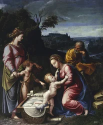 聖家族と幼い洗礼者ヨハネと聖カタリナ・パー・ペンニ、ジャンフランチェスコ（1496-1528）。木に油彩、サイズ：115,5x95、1525年頃、ワルシャワのMuzeum Narodowe