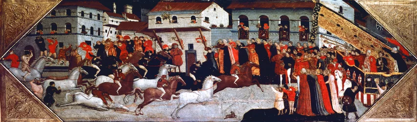 フィレンツェの街中で行われるパリオ競馬、ジョヴァンニ・ディ・フランチェスコ・トスカーニ（1370年頃～1430年頃）の絵、カッソーネ（胸部）のパネルの詳細、イタリア