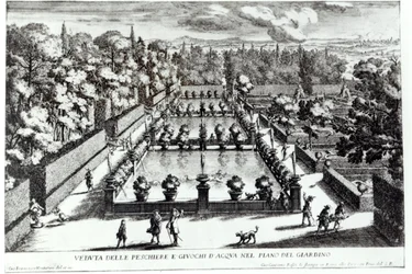 1689年に出版されたジョヴァンニバティスタファルダ（c.1648-1787）によるルフォンターネのチボリのヴィラデエステにある養魚池