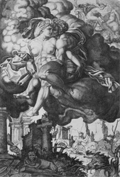 ジュノを誘惑しようとするイクシオン。雲に囲まれ、下には廃墟がある。 1520-39。