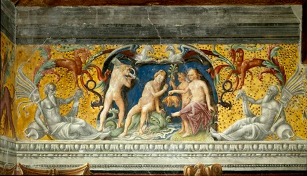 海の神が小猪を献上する様子 ジョヴァンニ・マリア・ファルコント（1468-1534）によるフリーズの詳細 1520年 マントゥア、パラッツォ・ダルコ、サラ・デッロ・ゾディアコ周辺