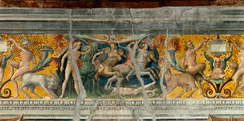 アポロが矢でナイオビの息子ナイオビデスを殺す ジョヴァンニ・マリア・ファルコント（1468-1534）によるフリーズの詳細 1520年頃 マントゥア、パラッツォ・ダルコ、サラ・デッロ・ゾディアコ