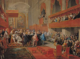 ポールヒポリットドボーヴィレール（1684-1776）によるサンテニャン公爵、1752年頃のヴァイニー王子への聖霊勲章の贈呈