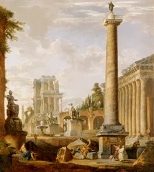 Capriccio das ruínas romanas com a Coluna de Trajano (óleo sobre tela)