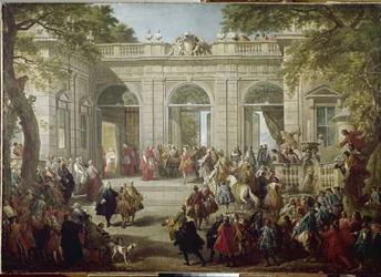 スペインのシャルル3世またはブルボン家のシャルル、ナポリ王（カルロ・ボルボン）（1716年～1788年）がキリナーレ（キリナル）宮殿のコーヒーハウスで教皇ベネデット14世を訪問している様子 ジョバンニ・パオロ・パンニーニ（1691年～1765年）の絵画 1746年 ナポリ、カポーディ美術館蔵