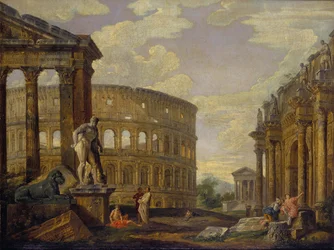ヘラクレスと古代ローマの遺跡、パニーニ、ジョバンニパオロのある風景