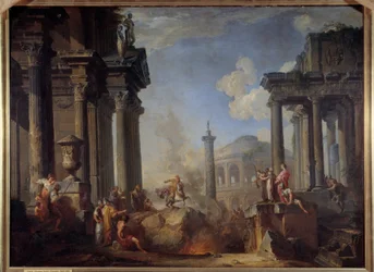 裂け目に身を投げるマルクス・クルティウス 勇猛果敢なローマ市民マルクス・クルティウスは、紀元前362年、フォーラムに身を投げてローマの神々に犠牲を捧げた。ジョヴァンニ・パオロ・パンニーニ（パニーニ）（1691-1765）の絵画 18世紀 日0.99 x 1.34 m