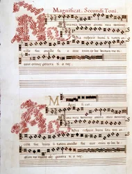 イタリアの作曲家、ジョヴァンニ・ピエルルイジ・ダ・パレストリーナ（1525 - 1594）の「マンチュアのメセナ」の手稿「マニフィカト」。
