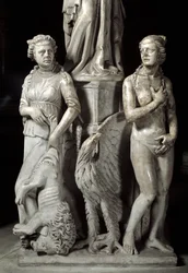 ジョヴァンニ・ピサーノ（1248-1314）が実現した椅子を支える彫刻群の詳細：2つの枢機卿の徳（大理石の説教壇を支える彫刻の詳細、2つの枢機卿の徳） 1302-1311年 ピサ大聖堂（Duomo di Pisa）、イタリア
