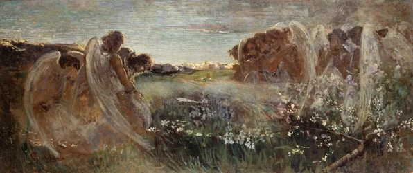 天使の祈り、Giovanni Sottocornola (1855-1917) 作、キャンバスに油彩、54x128.5 cm
