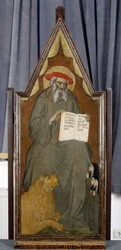 ライオンと3つの祈りの修道女がいる聖ジェローム、c.1360（ポプラの木のテンペラ）