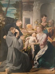 パドヴァの聖アントニオ、アッシジの聖フランチェスコ、伝道者聖ヨハネのいる聖家族、ジローラモ・マッツォーラ・ベドリ