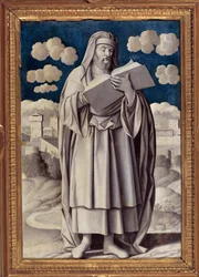 ギリシャの哲学者アリストテレス（紀元前384～322年）の足元の肖像 ジロラモ・モケット（1458～1531年）の絵画 1531年 Paris.ジャクマール・アンドレ美術館 - ギリシャの哲学者アリストテレス（紀元前384-322年）の全身像。ジロラモ・モチェット（1458-1531）の絵画 15