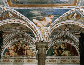 前景に月を配した春の寓意」ベルナルド・クレシオの依頼によるジロラモ・ロマーノ（1484年頃～1559年以降）のフレスコ画の詳細