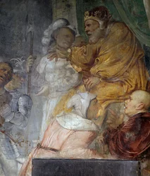 ネブカドネザル、ダニエルの3人の仲間の奇跡の詳細、ジロラモ・ロマニノ（約1484-1562年以降）によるフレスコ画、ブレノの聖アンソニー修道士教会の右壁の詳細。イタリア