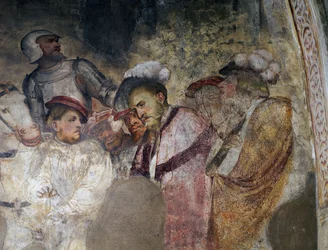 鎧を着た兵士と帽子をかぶった男たち、ジロラモ・ロマーノ（1484年頃～1562年以降）によるフレスコ画の細部、ブレノの聖アンソニー修道士教会の長身廊の左壁。イタリア