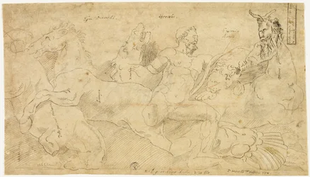 ヘラクレスとディオメデスの牝馬が描かれた古代のレリーフ（レクト）：ドレープのかかったサテュロスと翼のある女性像（裏面）