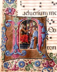 ポンテオ・ピラトの前でイエス・キリストを表現した装飾文字 ジロラモ・ダ・クレモナ（1451～1483年頃活躍）とリベラル・ダ・ヴェローナ（1445～1529年）による、シエナ大聖堂の聖歌隊のミニチュア（Cod.22/7.c.22.）。15世紀のカテドラル（Duom
