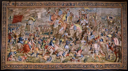 フランダースのタペストリー。 シリーズ The Acts of Scipio: The Battle at Zama. 漫画家のジュリオ・ロマーノ。 Balthasar van Vlierden (?) のアトリエ、ブリュッセル。 1523-1532。